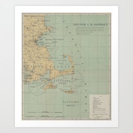 Vintage Massachusetts Lighthouse Map (1898) Art Print