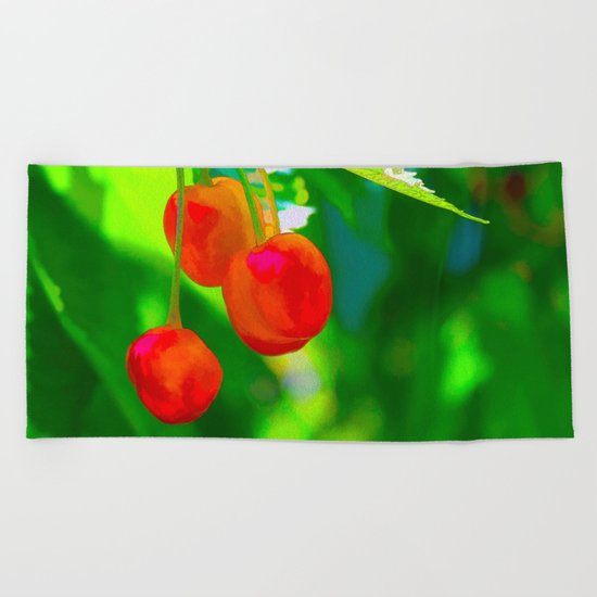 Red Cherries Painting Beach Towel