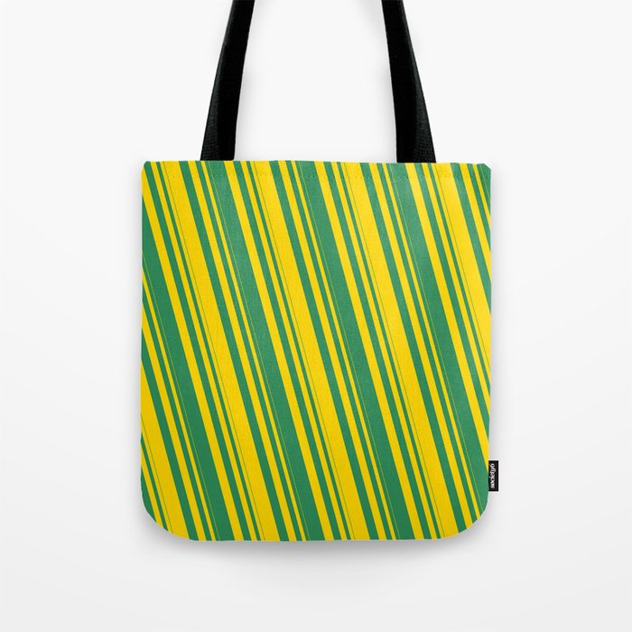 Yellow and Sea Green Colored Striped Pattern Tote Bag