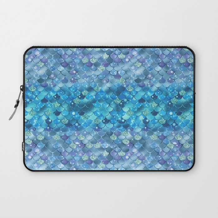 Aqua Blue Mermaid Pattern Metallic Glitter Laptop Sleeve