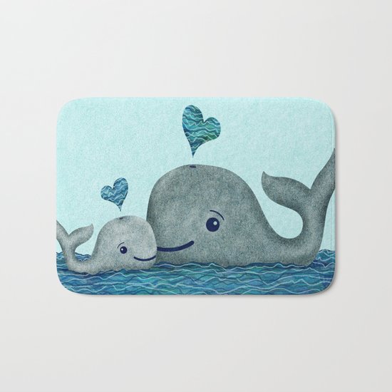 Whale Mom and Baby with Hearts Bath Mat