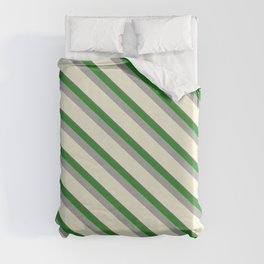 [ Thumbnail: Dim Grey, Forest Green, Dark Gray & Beige Colored Pattern of Stripes Duvet Cover ]