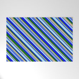[ Thumbnail: Eye-catching Tan, Royal Blue, Turquoise, Blue & Dark Green Colored Pattern of Stripes Welcome Mat ]