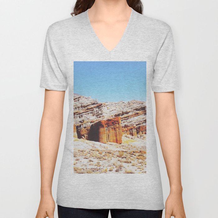 sand desert with orange mountain in California, USA with summer blue sky V Neck T Shirt