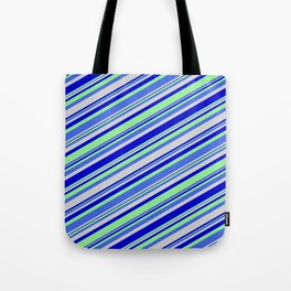 [ Thumbnail: Light Green, Royal Blue, Light Grey, and Blue Colored Lines Pattern Tote Bag ]