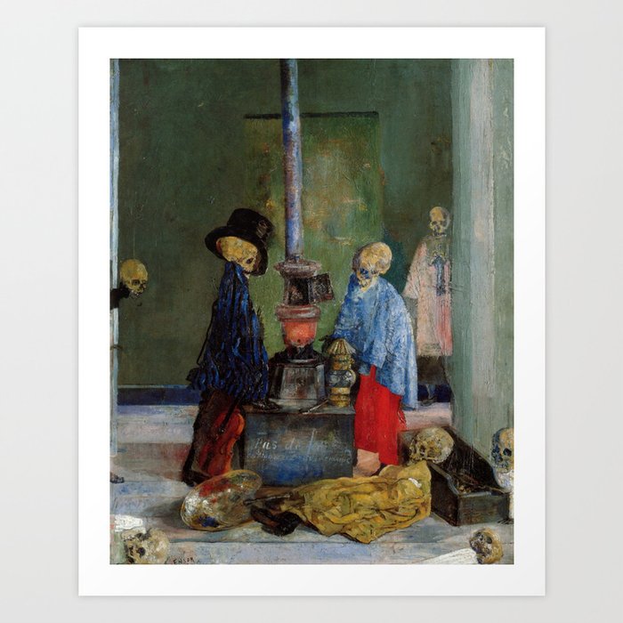 Skeletons warming themselves by old potbelly stove in abandoned factory grotesque art portrait painting by James Ensor Art Print
