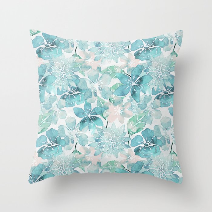 Blue green watercolor flower pattern Throw Pillow