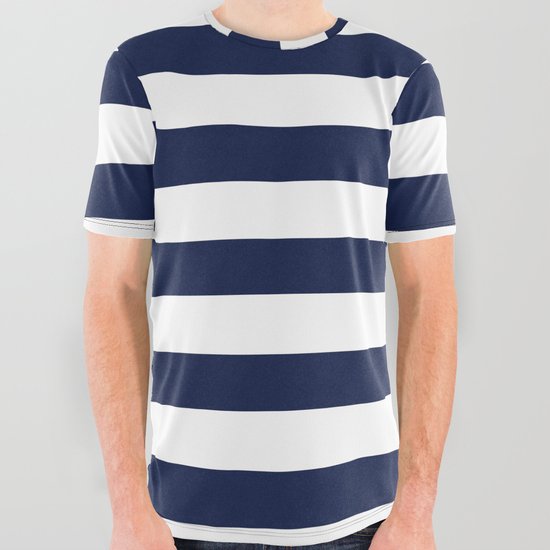 Nautical Navy Blue and White Stripes All Over Graphic Tee by