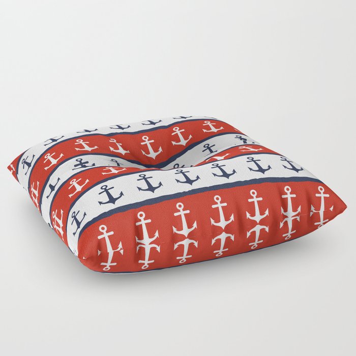Navy Blue White Maroon Red Nautical Anchor Stripes Floor Pillow