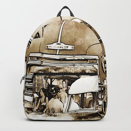 1950's Vintage Pick up Truck Backpack | Painting, Digital, Black and White 