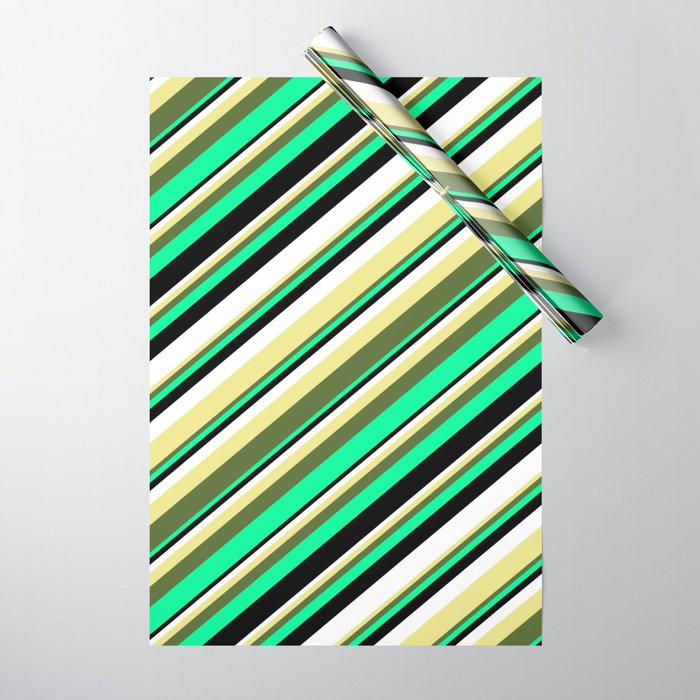 Eyecatching Tan, Dark Olive Green, Green, Black, and White Colored Lines/Stripes Pattern Wrapping Paper