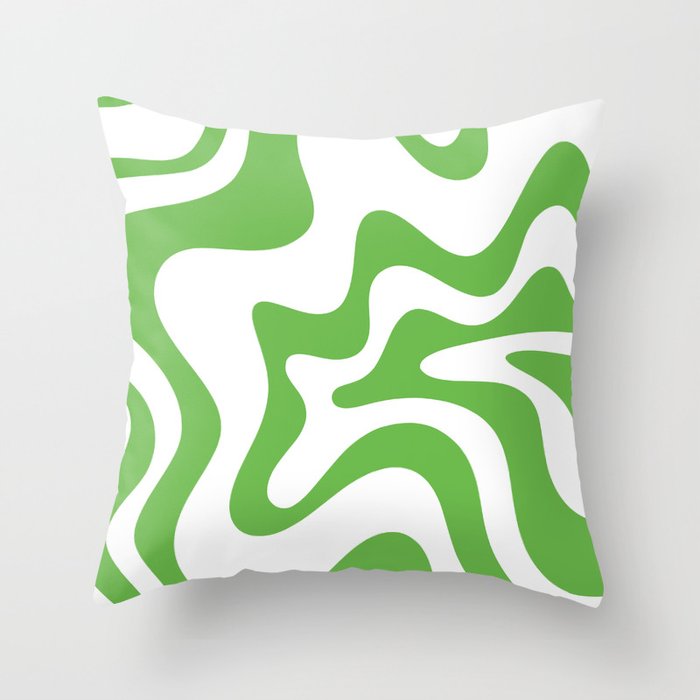 Retro Liquid Swirl Abstract Square in Bright Lime Green and White Throw Pillow