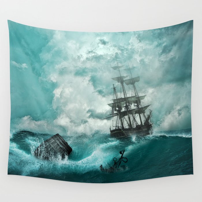 Storm Sea Ship Shipwreck Ocean Blue Wall Tapestry