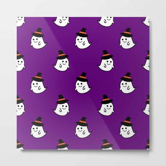 Cartoon Witchy Ghosts- A Halloween Pattern on Purple Metal Print