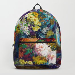 Gold Fish bowl, Fruits, Flowers, and Peonies still life portrait painting by Kathryn Evelyn Cherry Backpack