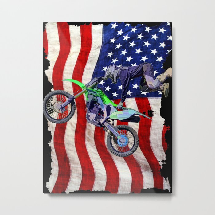 High Flying Freestyle Motocross Rider & US Flag Metal Print