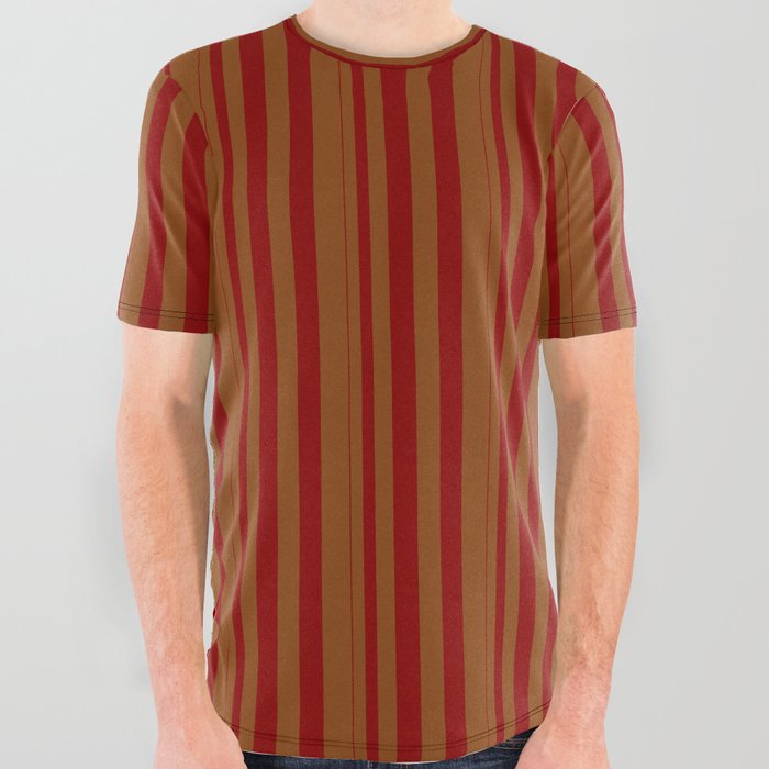 Dark Red & Brown Colored Lined/Striped Pattern All Over Graphic Tee