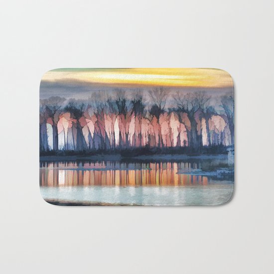 Painterly Woodland and Pond Sunset Bath Mat
