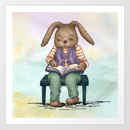 Bunny with Book on Watercolor Art Print