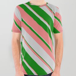 [ Thumbnail: Light Grey, Green & Light Coral Colored Lines/Stripes Pattern All Over Graphic Tee ]