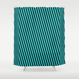 [ Thumbnail: Dim Gray, Aqua & Black Colored Stripes/Lines Pattern Shower Curtain ]