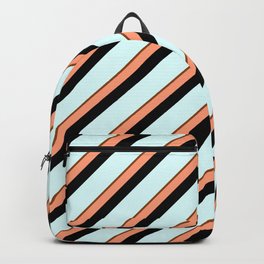[ Thumbnail: Brown, Light Salmon, Black & Light Cyan Colored Stripes Pattern Backpack ]