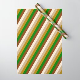 [ Thumbnail: Colorful Tan, Dark Goldenrod, Green, Brown & Beige Colored Striped/Lined Pattern Wrapping Paper ]