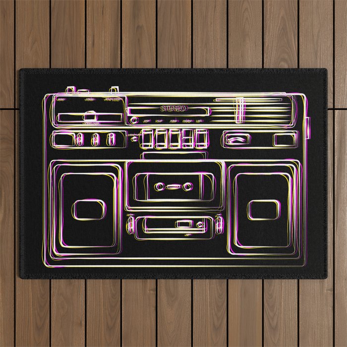 boombox illustration, retro cassette recorder drawing, 80s radio Outdoor Rug