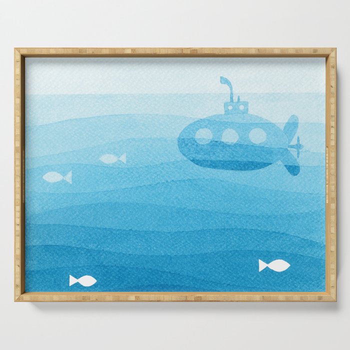 submarine, blue watercolor Serving Tray