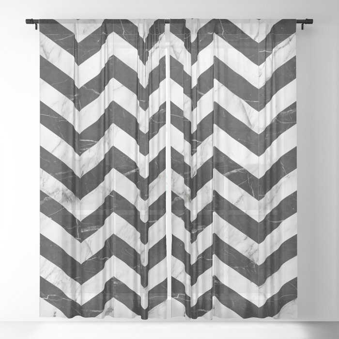 Marble Chevron Pattern 2 - Black and White Sheer Curtain