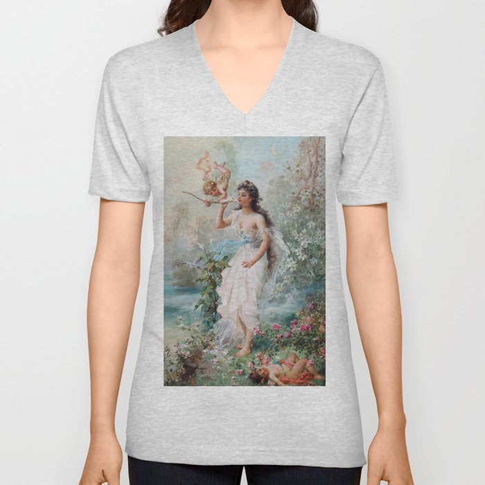 Hans Zatzka - Allegorical painting of two cherubs and a maiden in a classical landscape. V Neck T Shirt