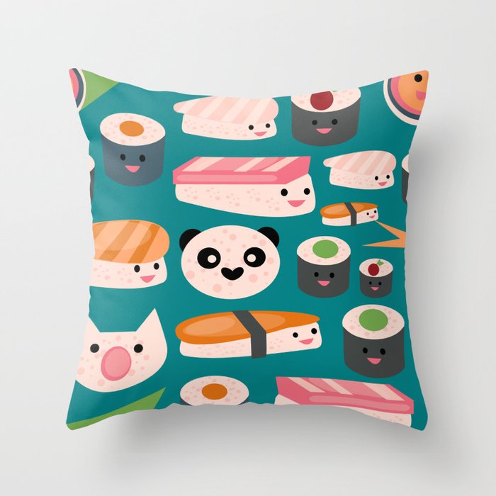 Kawaii sushi teal Throw Pillow