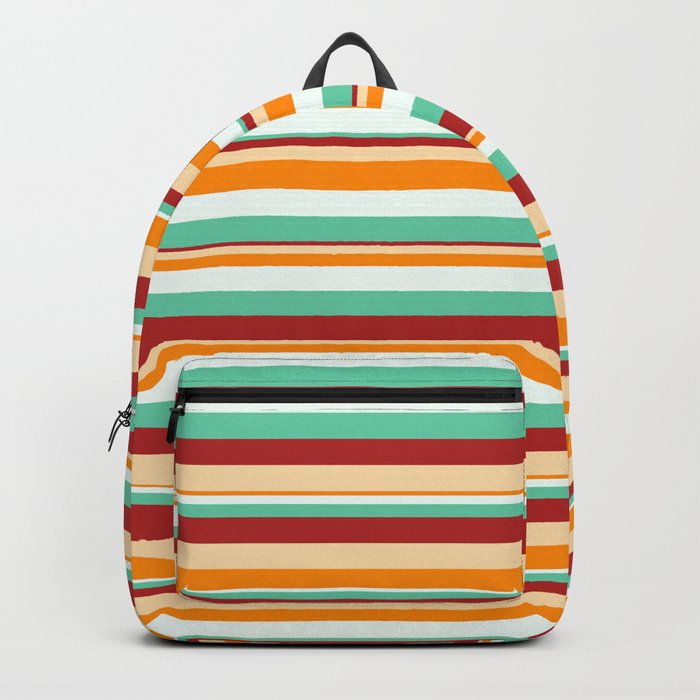 Eye-catching Mint Cream, Aquamarine, Red, Tan & Dark Orange Colored Striped Pattern Backpack