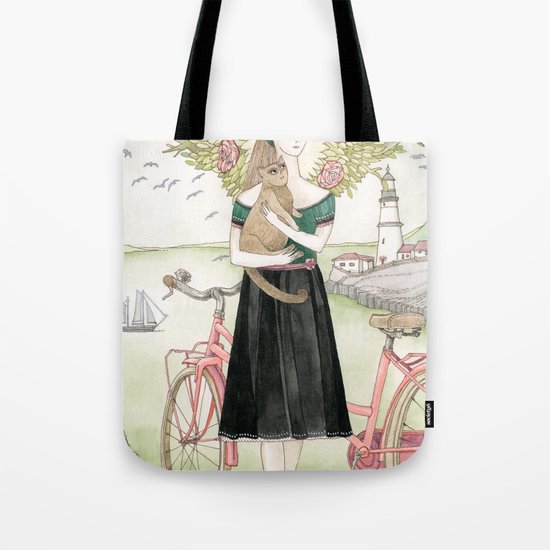 Girl and cat with pink bicycle Tote Bag