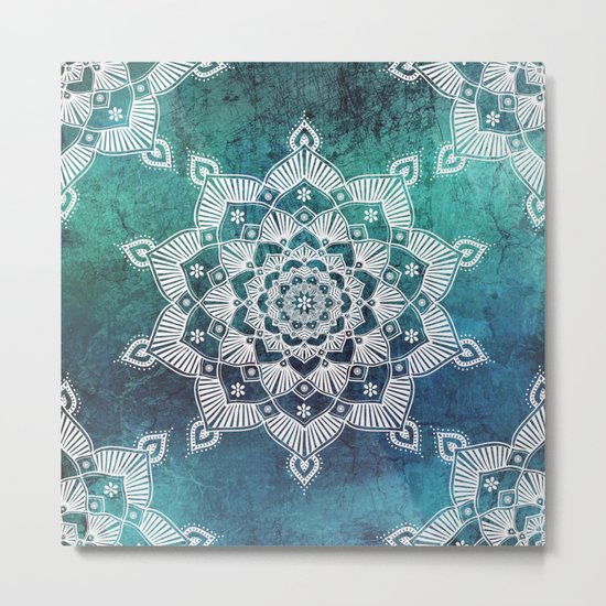 Aqua Spirit Mandala Turquoise Blue Green White Metal Print