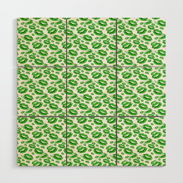 Two Kisses Collided Spring Green Lips Pattern On White Background Wood Wall Art