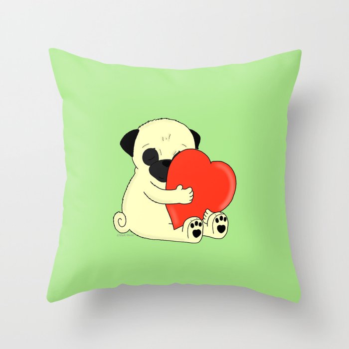 Pug Hugs green Throw Pillow