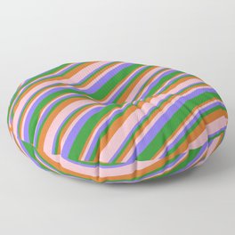 [ Thumbnail: Chocolate, Light Pink, Medium Slate Blue, and Forest Green Colored Stripes/Lines Pattern Floor Pillow ]