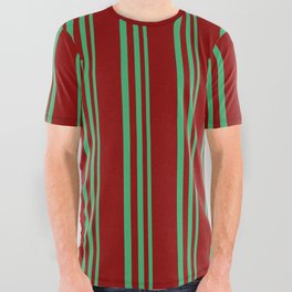 [ Thumbnail: Sea Green & Dark Red Colored Stripes/Lines Pattern All Over Graphic Tee ]