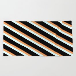 [ Thumbnail: Sienna, Brown, Light Cyan, and Black Colored Striped/Lined Pattern Beach Towel ]