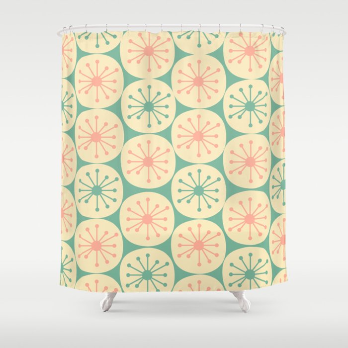 Atomic Dots Midcentury Modern Retro Pattern in 50s Blush Pink, Cream, and Mint Shower Curtain