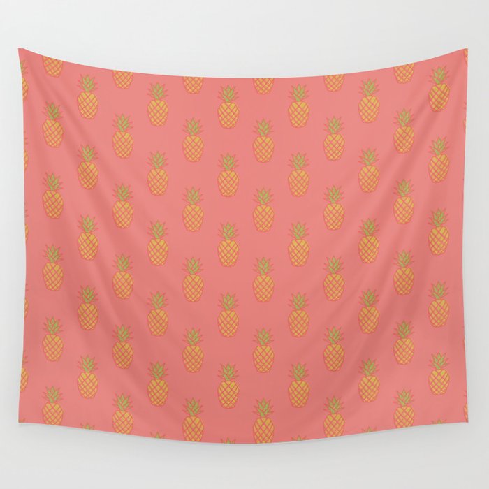 Retro Pineapple Repeat Pink on Peach Wall Tapestry