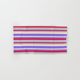 [ Thumbnail: Crimson, Grey, Bisque & Medium Slate Blue Colored Lined Pattern Hand & Bath Towel ]