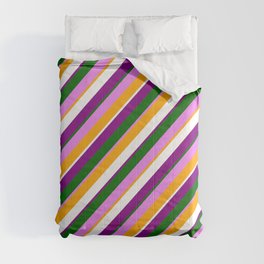 [ Thumbnail: Eyecatching Violet, Orange, White, Purple & Dark Green Colored Lines Pattern Comforter ]