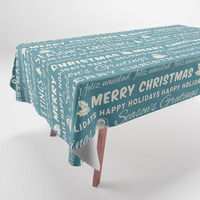 Retro Blue and Winter White Merry Christmas Typography Tablecloth