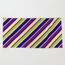 [ Thumbnail: Green, Tan, Purple & Blue Colored Lined Pattern Beach Towel ]