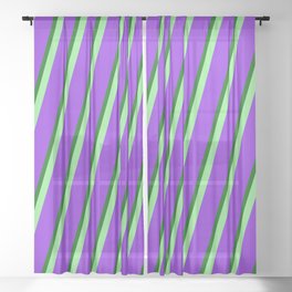 [ Thumbnail: Light Green, Purple & Dark Green Colored Pattern of Stripes Sheer Curtain ]