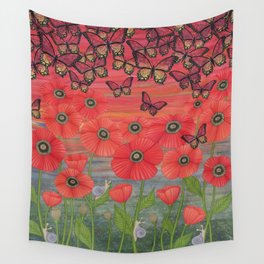 red sky, butterflies, poppies, & snails Wall Tapestry