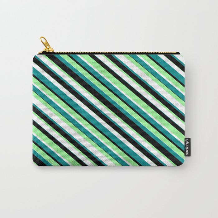 Green, White, Dark Cyan & Black Colored Striped/Lined Pattern Carry-All Pouch