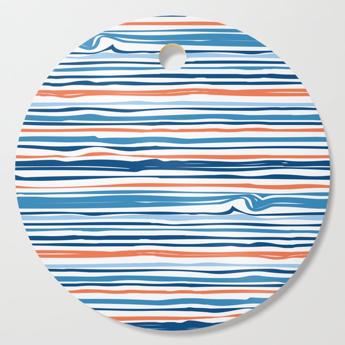 Modern Abstract Ocean Wave Stripes in Classic Blues and Orange Cutting Board